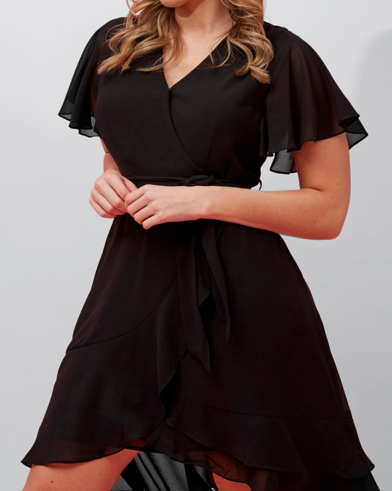 Front of a model wearing a size XL Corrine Crossover Dress Waist Tie Black in Black by ANNICK. | dia_product_style_image_id:352266
